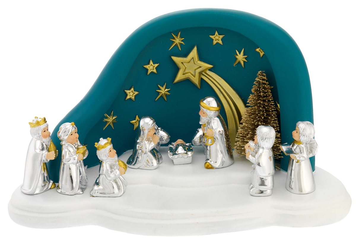 Capanna con led nuvola grande ottanio + presepe provenzale 10 pzi